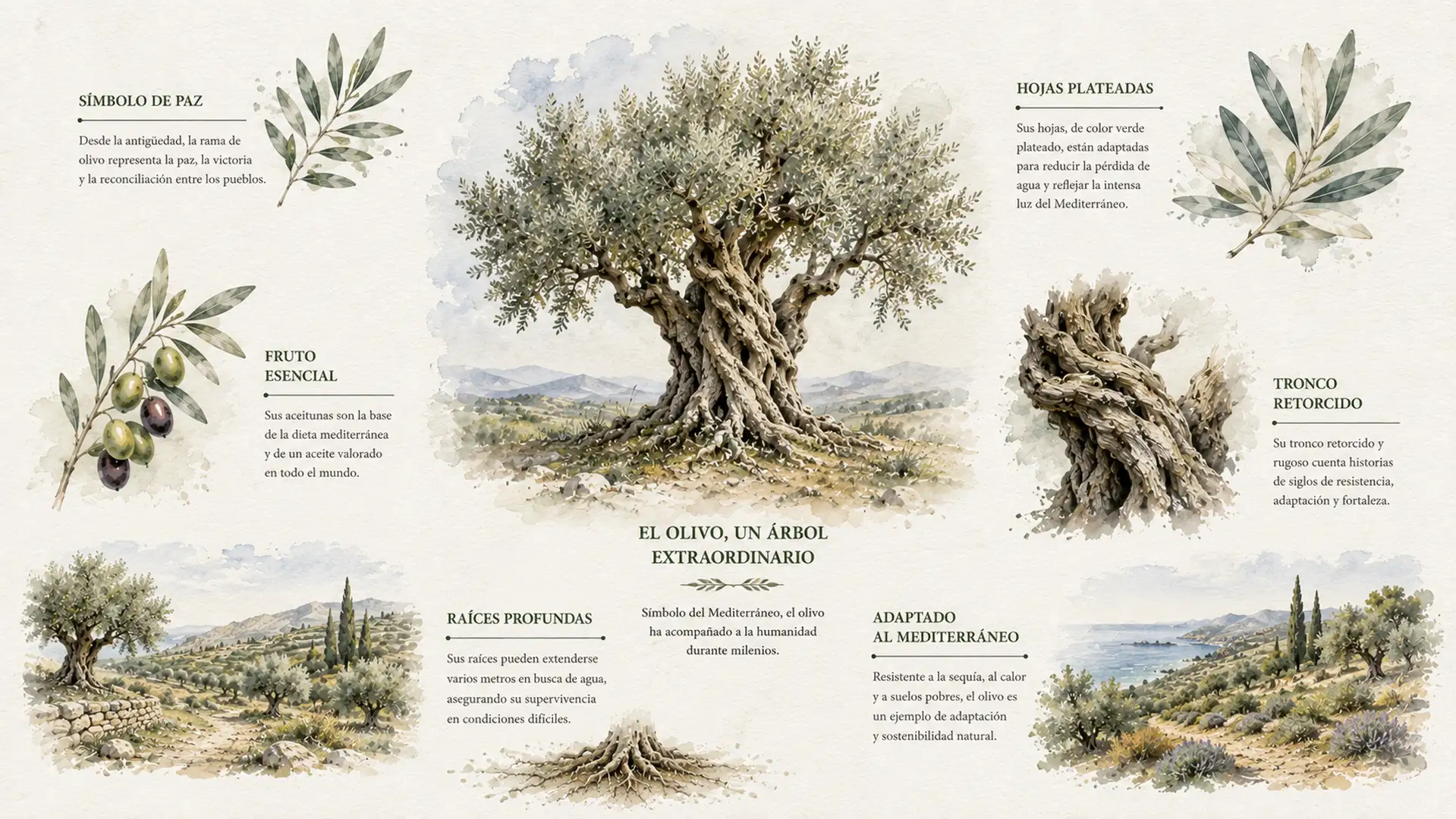 Infografía ilustrada con diversas curiosidades relacionadas con el olivo.