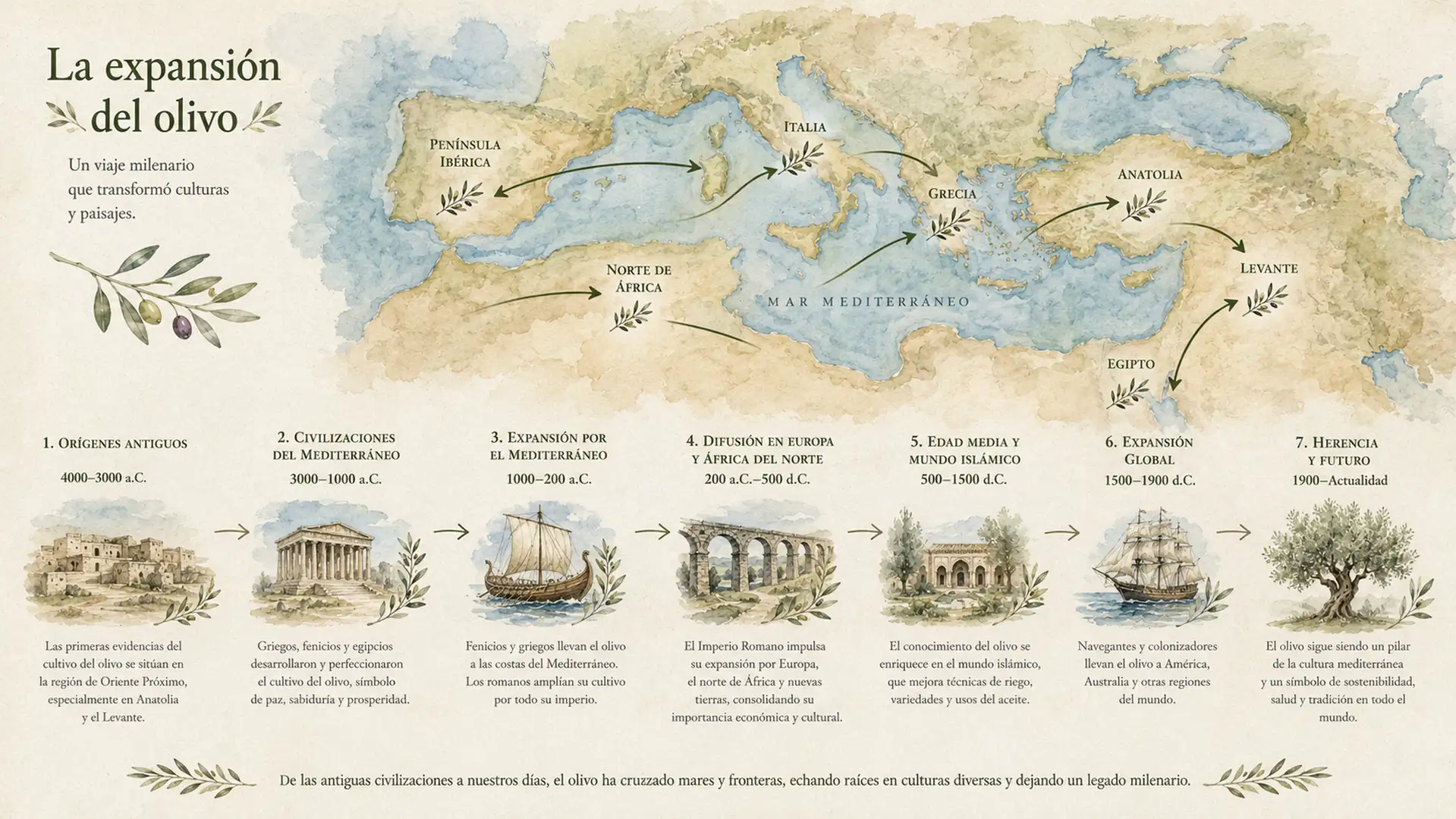 Mapa ilustrado del origen y expansión histórica del olivo por el Mediterráneo.