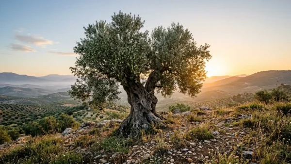 Olivo centenario en un paisaje mediterráneo iluminado por la luz del amanecer.