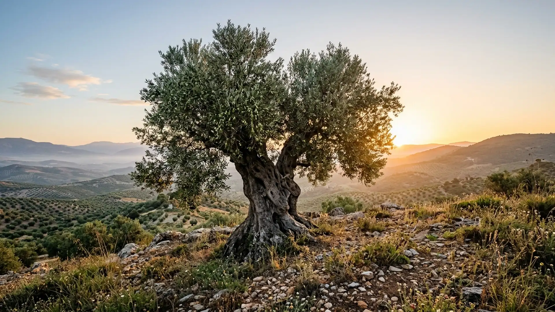 Olivo centenario en un paisaje mediterráneo iluminado por la luz del amanecer.