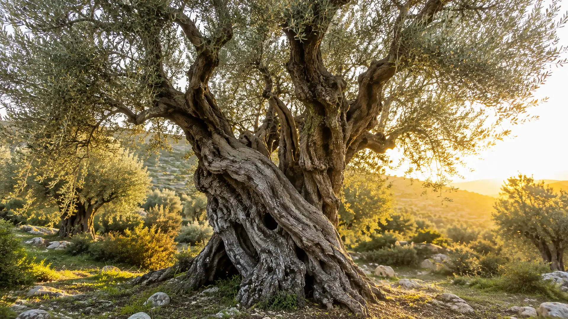 Olivo milenario en un olivar al atardecer