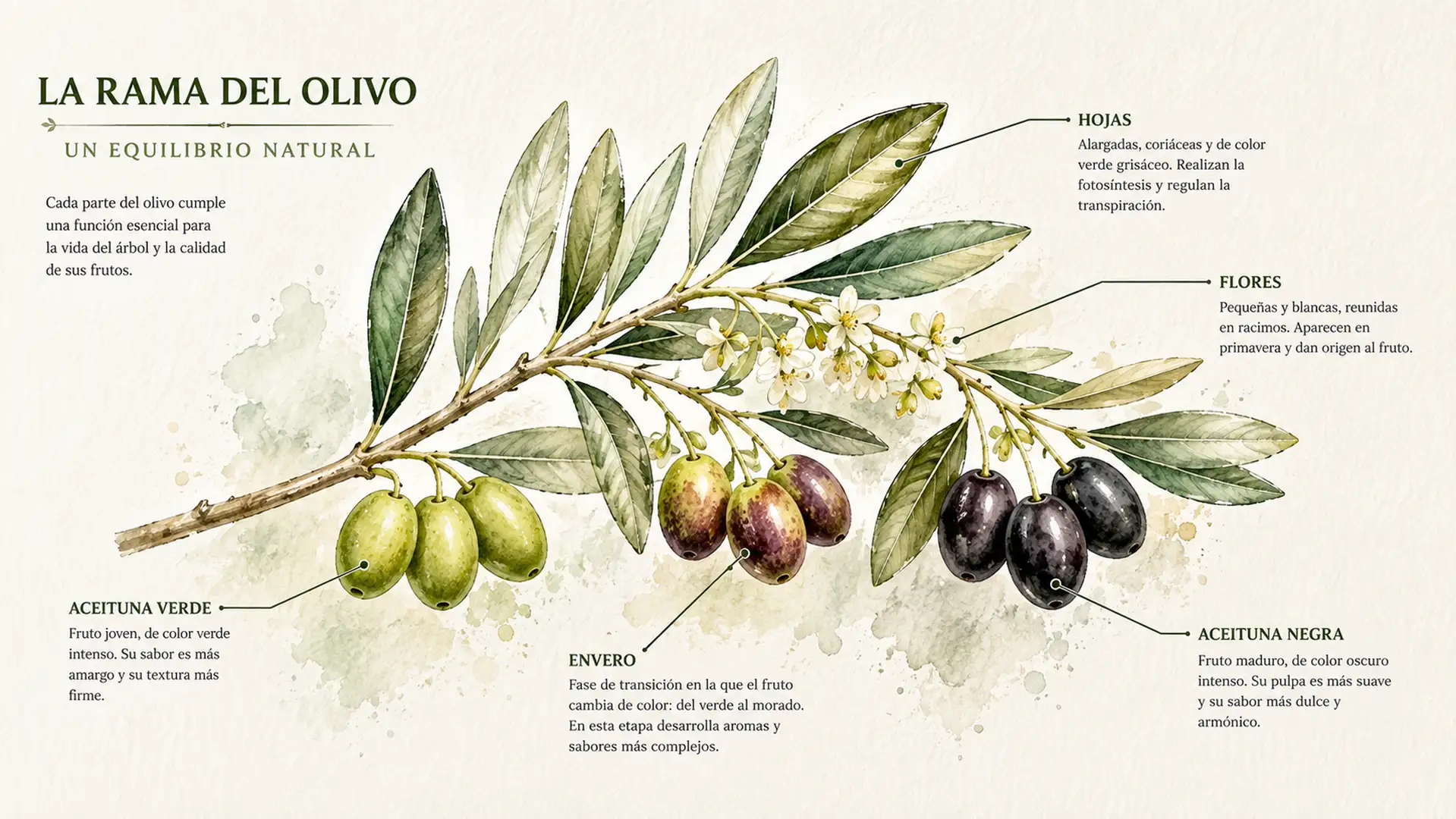 Ilustración botánica de una rama de olivo mostrando hojas, flores y aceitunas en distintas fases de maduración.