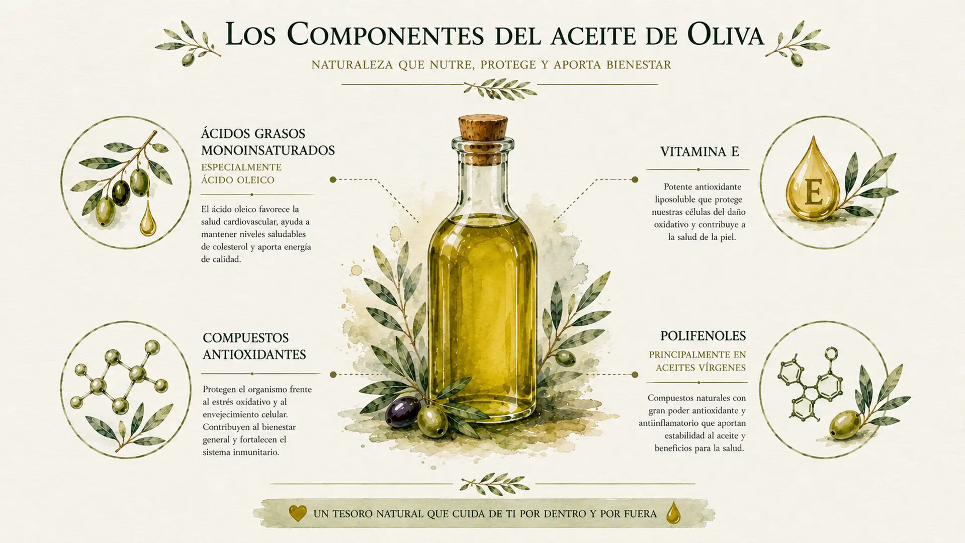 Infografía con los principales componentes presentes en el aceite de oliva.