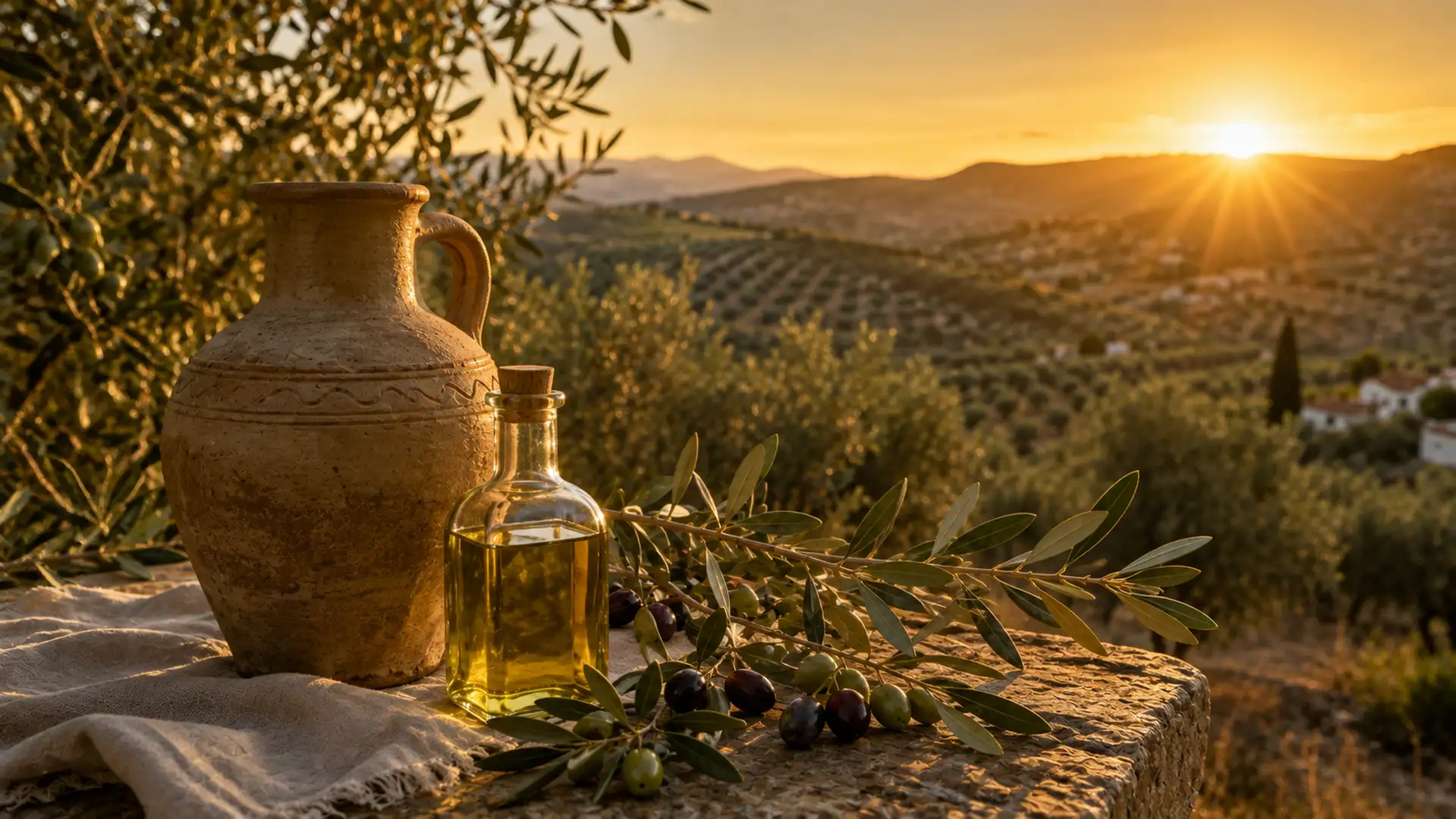 Paisaje mediterráneo con ramas de olivo y una vasija tradicional con aceite de oliva.