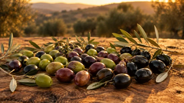 Aceitunas de diferentes variedades y grados de maduración sobre una mesa de madera de olivo.