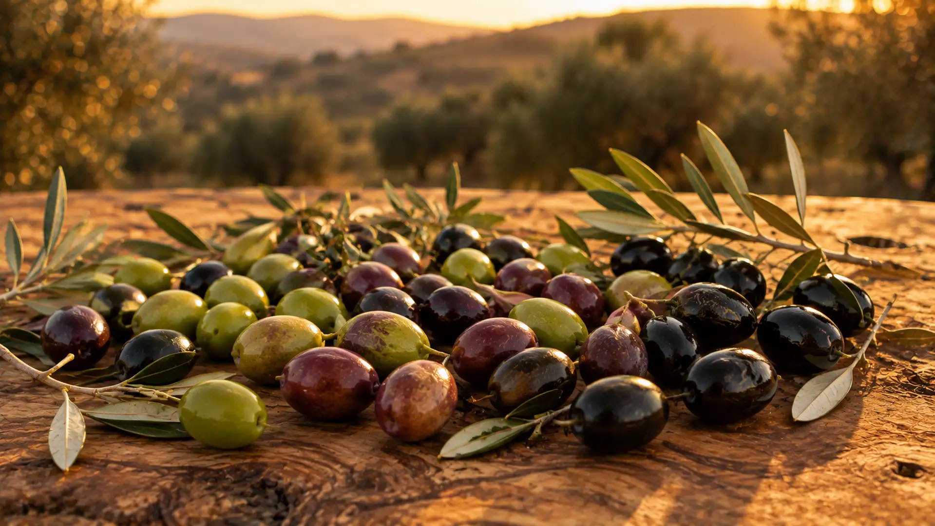 Aceitunas de diferentes variedades y grados de maduración sobre una mesa de madera de olivo.