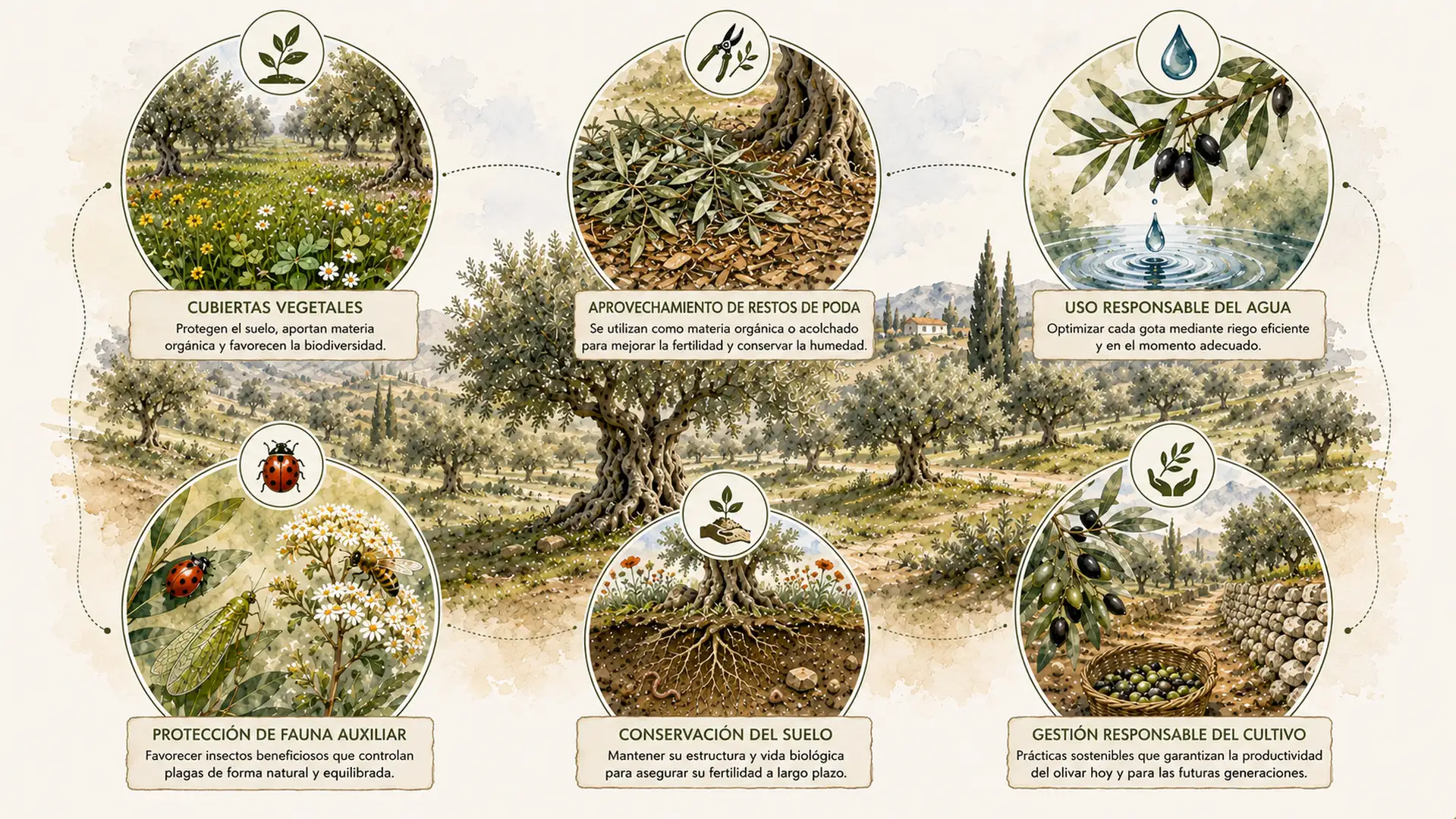 Infografía con las principales prácticas agrícolas sostenibles aplicadas en un olivar mediterráneo.