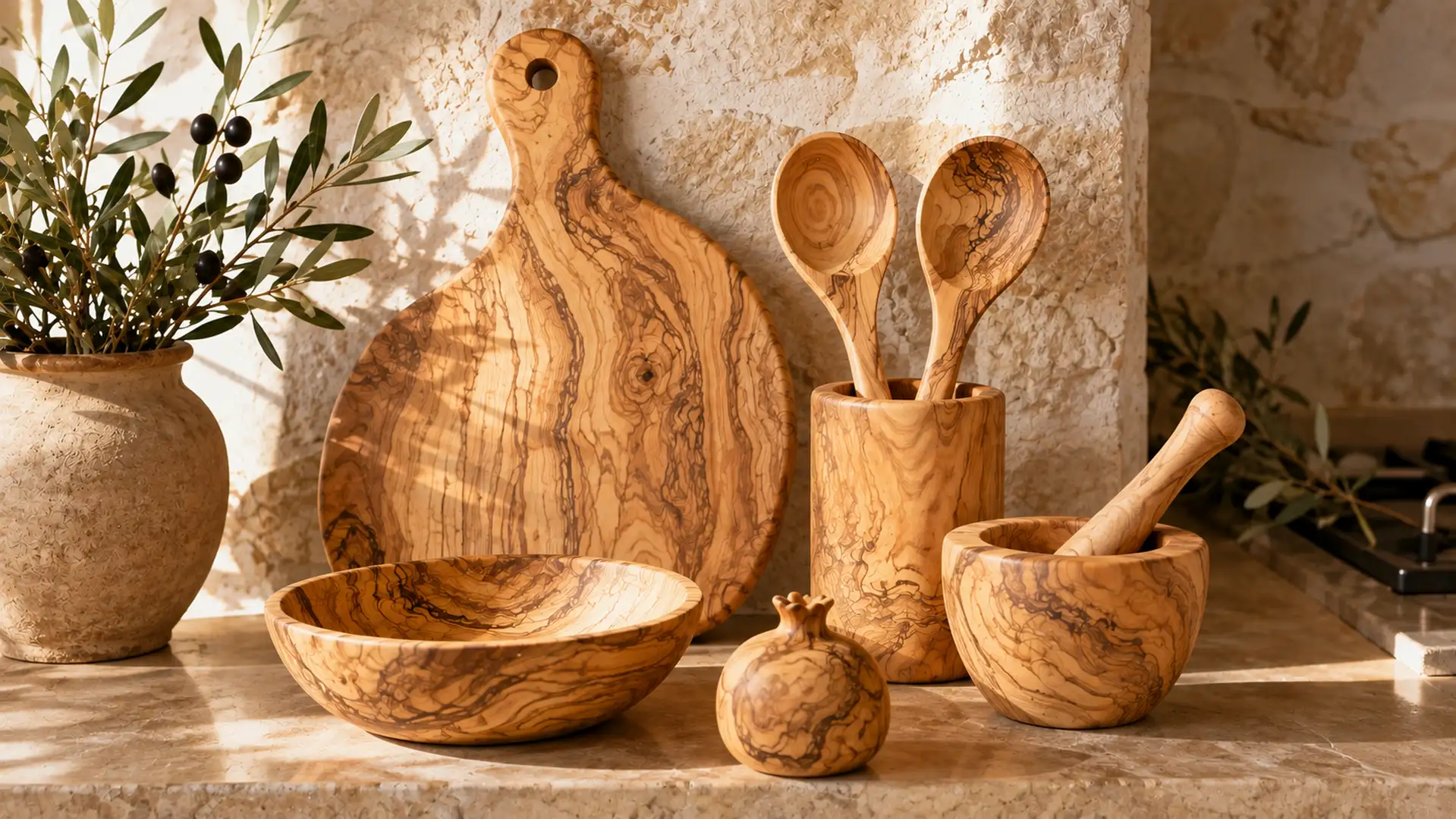 Fotografía editorial que muestra distintos objetos elaborados con madera de olivo.