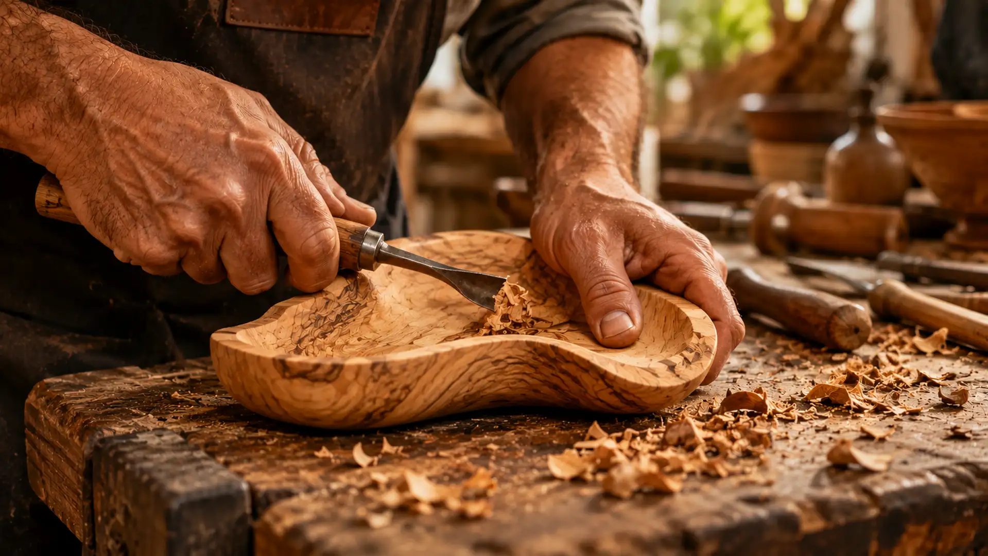 Artesano trabajando una pieza de madera de olivo en un taller tradicional.