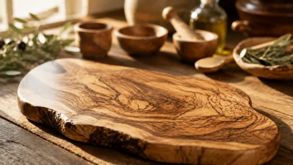 Tabla artesanal de madera de olivo donde se aprecian claramente las vetas naturales del material.