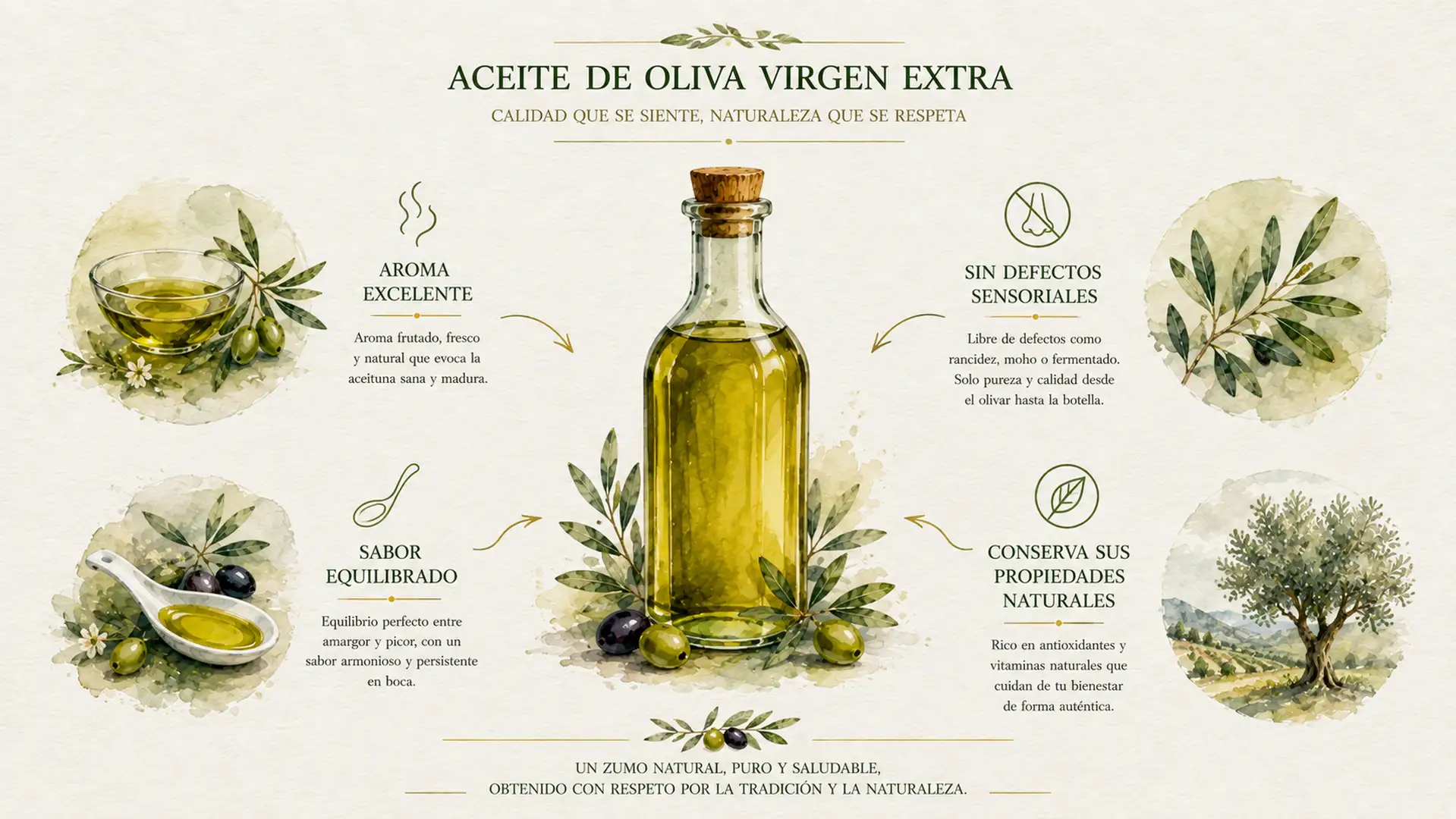 Infografía con las principales características del aceite de oliva virgen extra (AOVE).