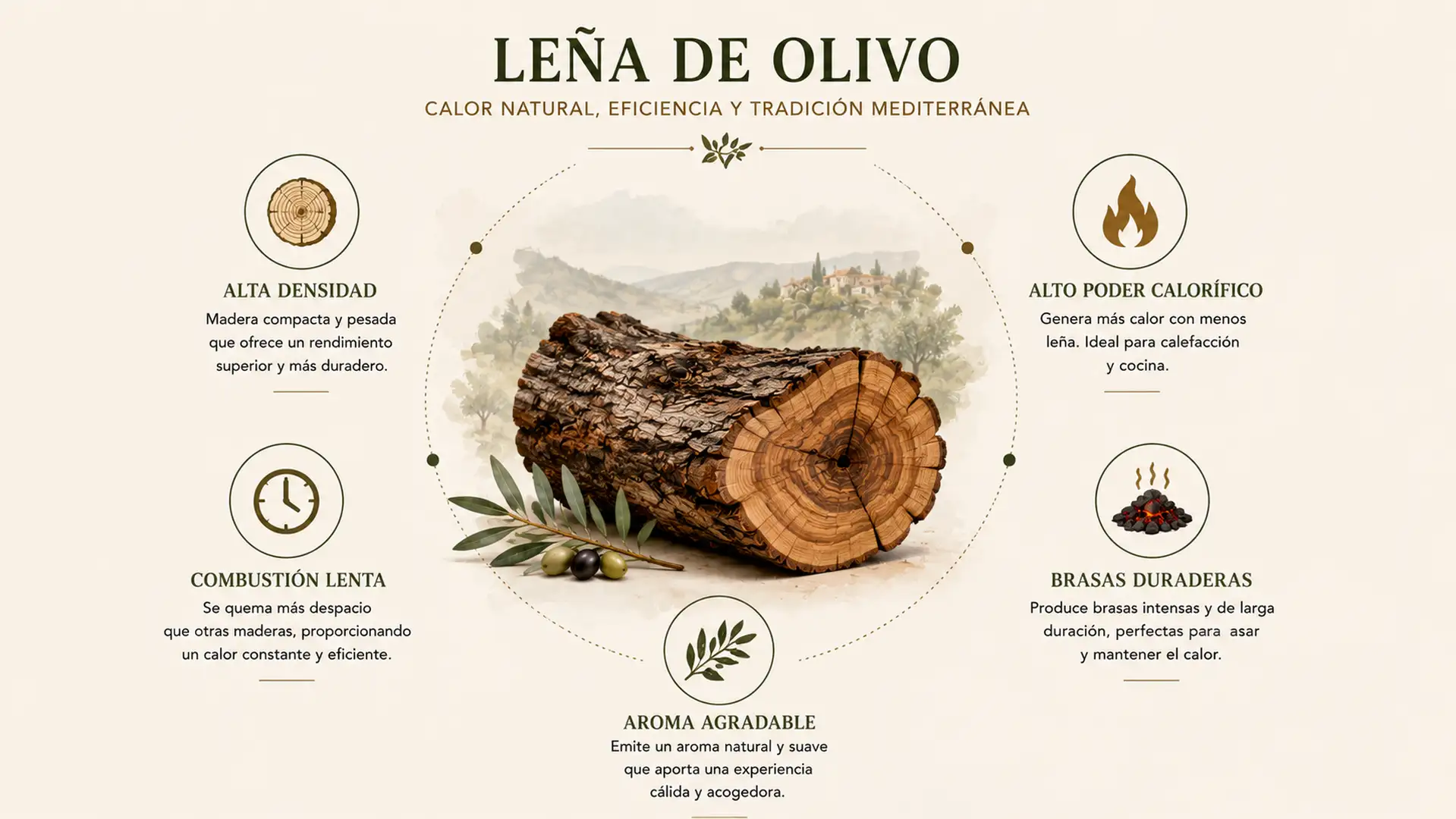 Infografía con las principales características de la leña de olivo.