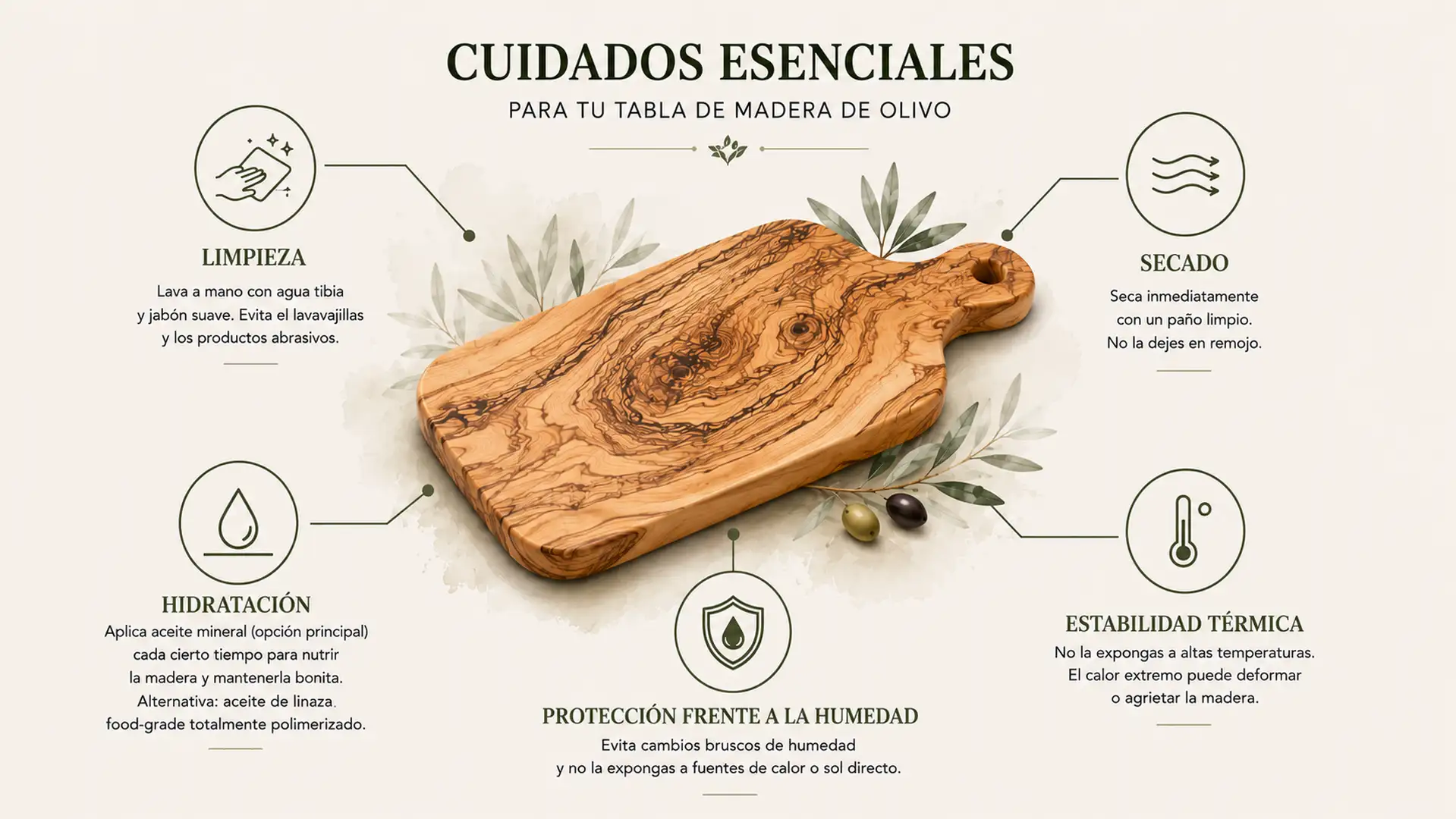 Infografía con las principales recomendaciones para conservar la madera de olivo.