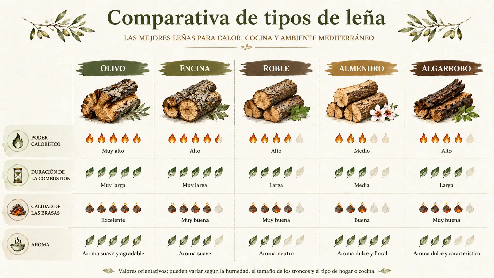 Comparativa visual entre la leña de olivo y otras especies utilizadas para calefacción y cocina.