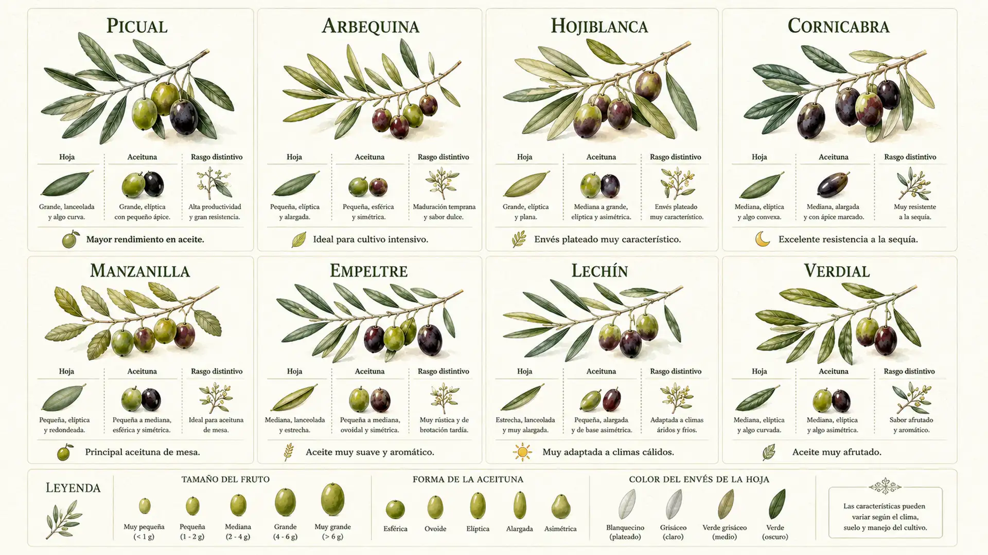 Infografía comparando las principales variedades de aceitunas españolas.