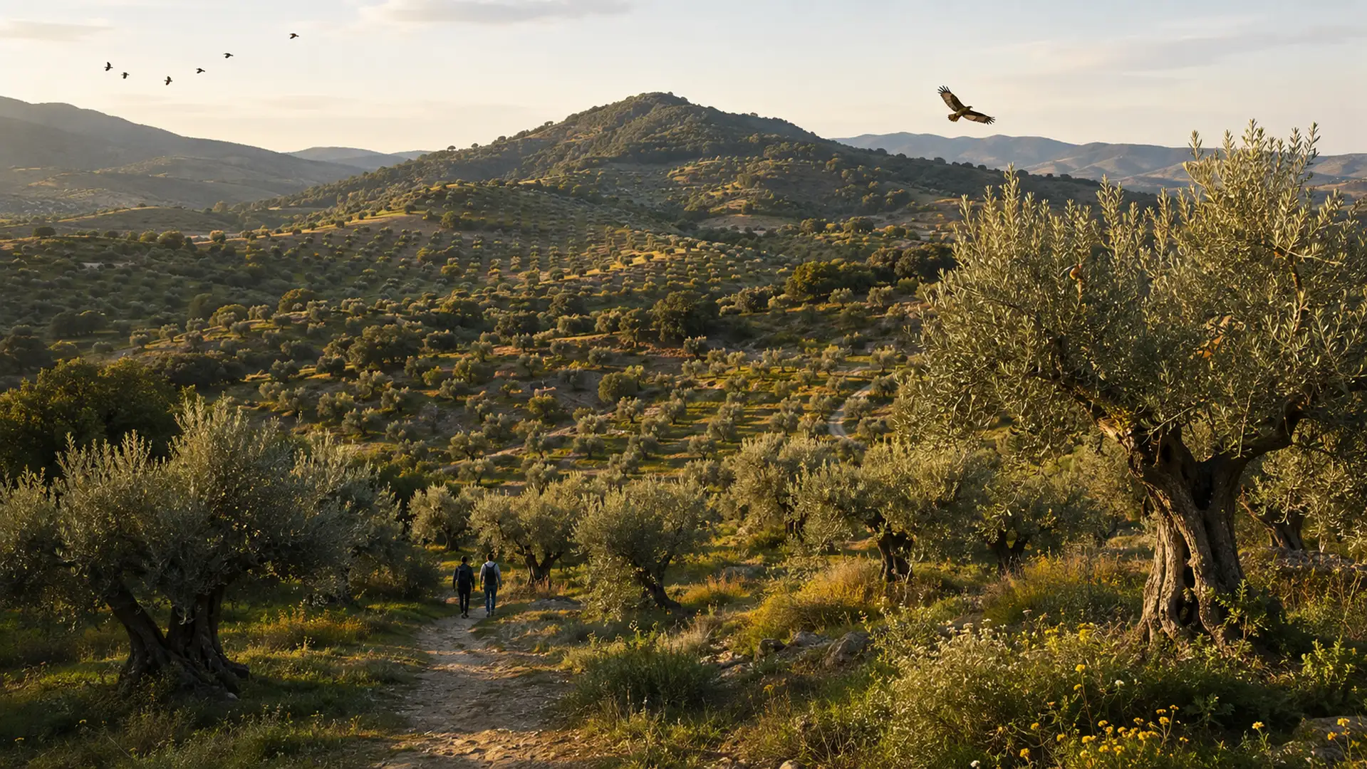 Fotografía panorámica de un olivar tradicional integrado en el paisaje mediterráneo, mostrando la convivencia entre naturaleza y actividad agrícola.