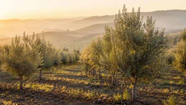 Joven olivar mediterráneo iluminado por la luz del amanecer representando el inicio del cultivo del olivo.