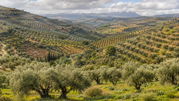 Fotografía panorámica mostrando olivares de distintas regiones españolas representando la diversidad varietal del país.