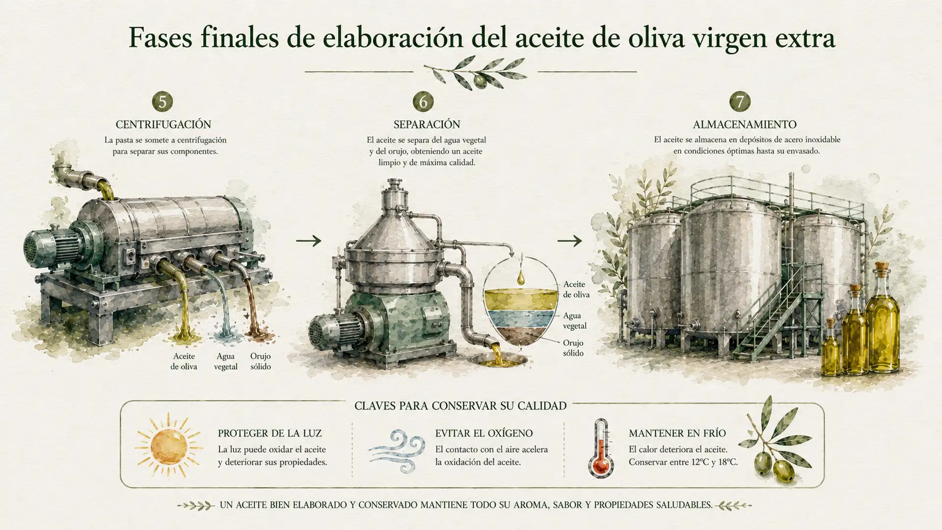 Fases finales del proceso de elaboración del aceite de oliva.