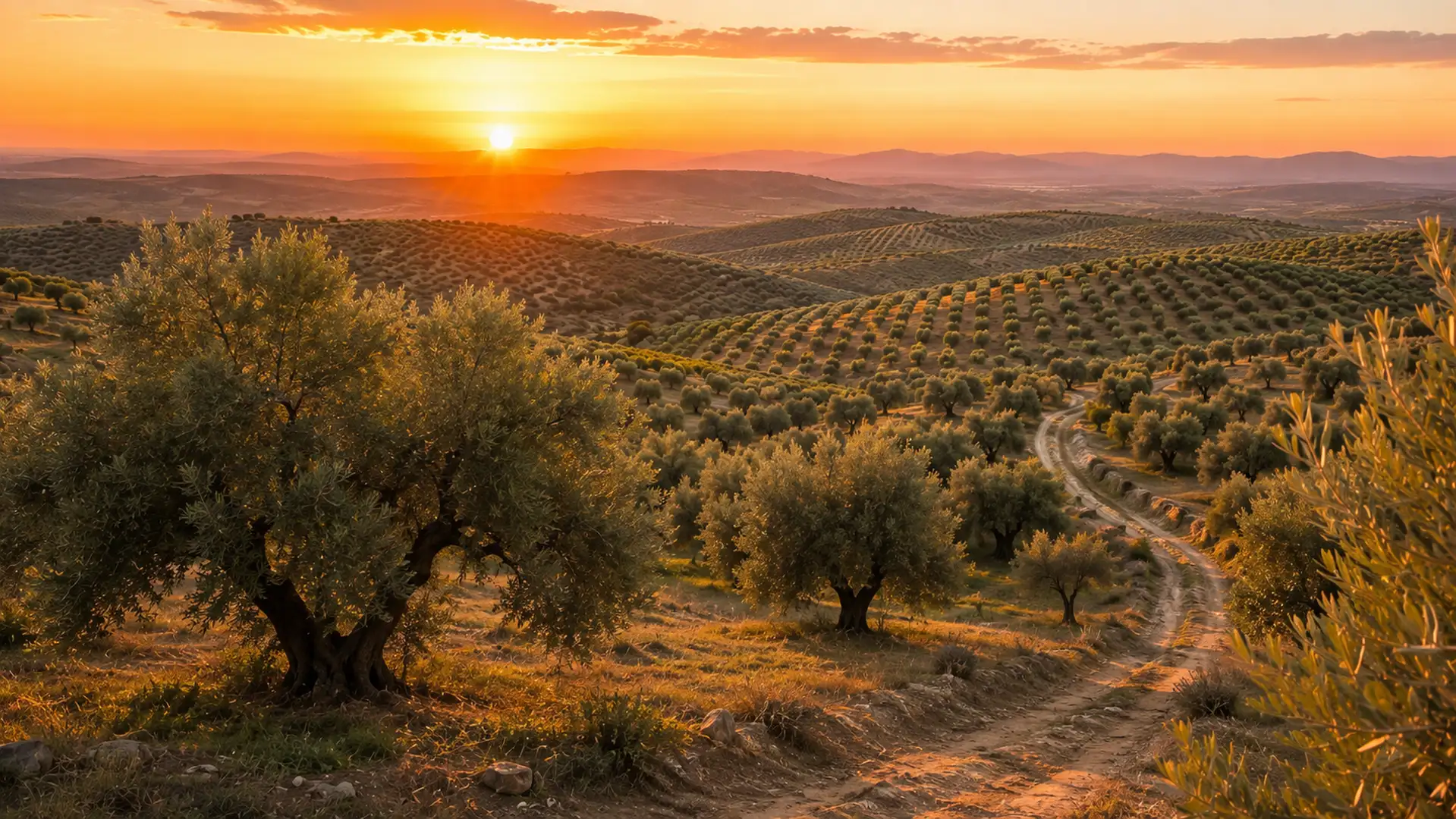 Paisaje al atardecer con olivares tradicionales representando la continuidad del patrimonio olivarero español.