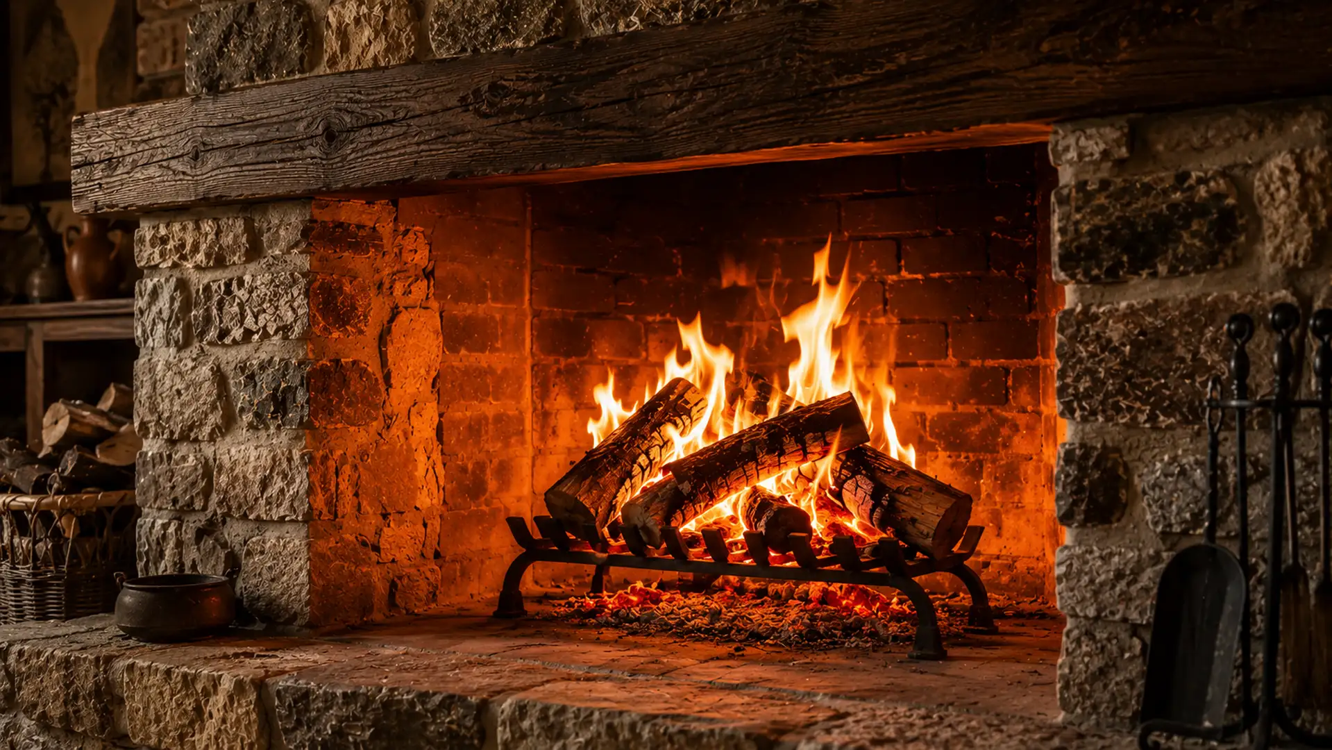 Leña de olivo junto a una chimenea tradicional con ambiente relajado