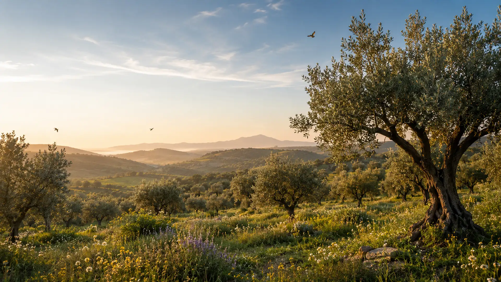 Olivar mediterráneo tradicional integrado en un paisaje natural y biodiverso.