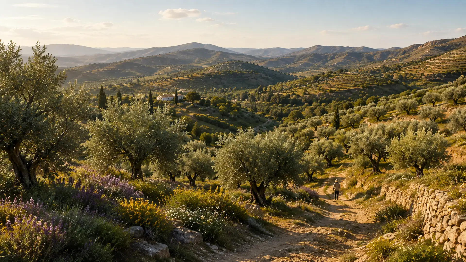 Fotografía panorámica de un olivar mediterráneo al atardecer, simbolizando la continuidad, la conservación y el legado ambiental.