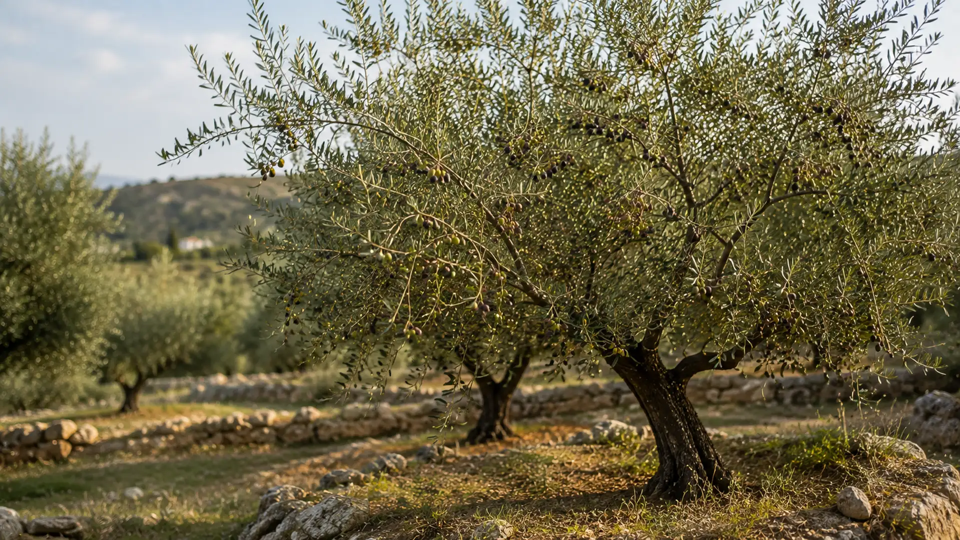 Fotografía de un olivo Arbequina con aceitunas maduras y ramas cargadas de fruto.