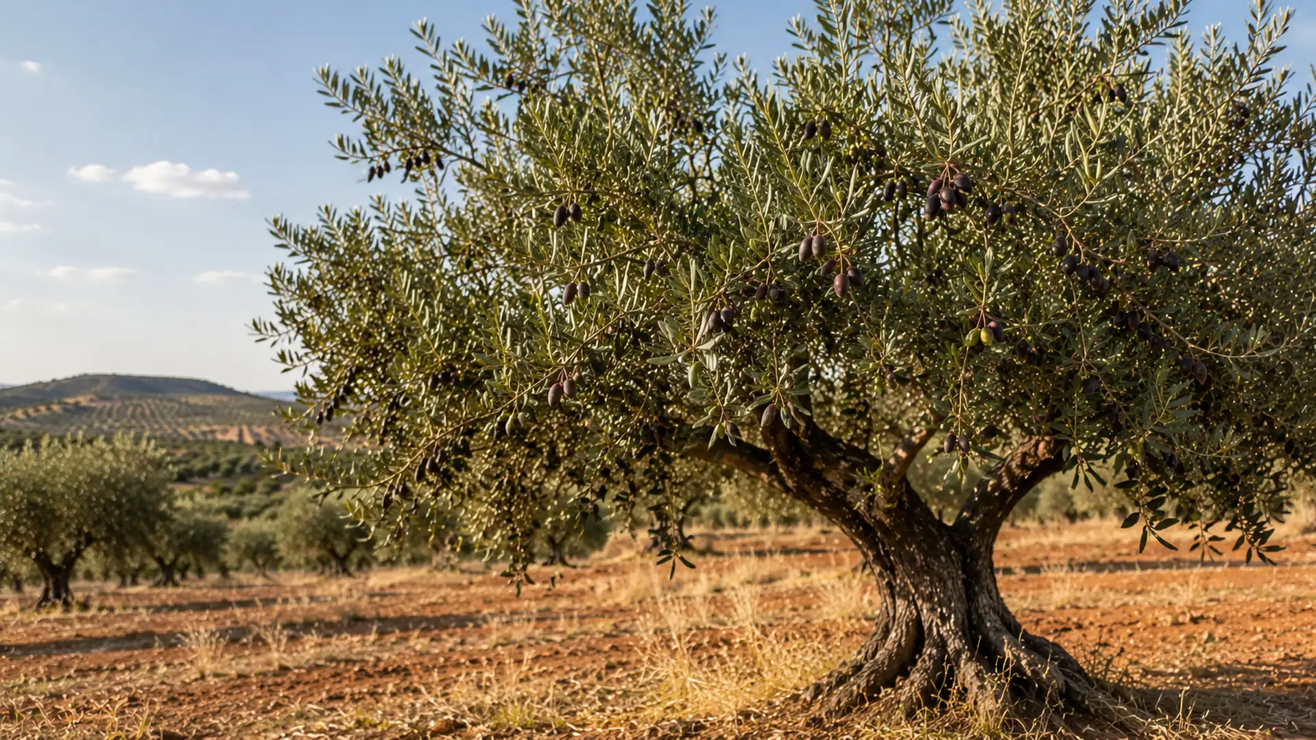 Fotografía de un olivo Cornicabra mostrando aceitunas de forma alargada y ligeramente curvada.