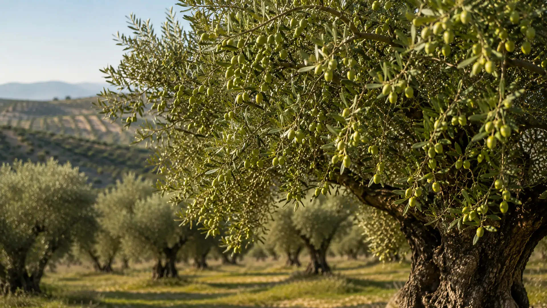 Fotografía editorial de un olivo de variedad Picual mostrando sus aceitunas y hojas características.