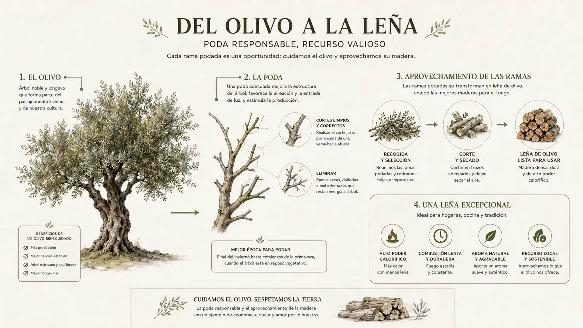 Infografía sobre el origen de la leña de olivo a partir de la poda del árbol.