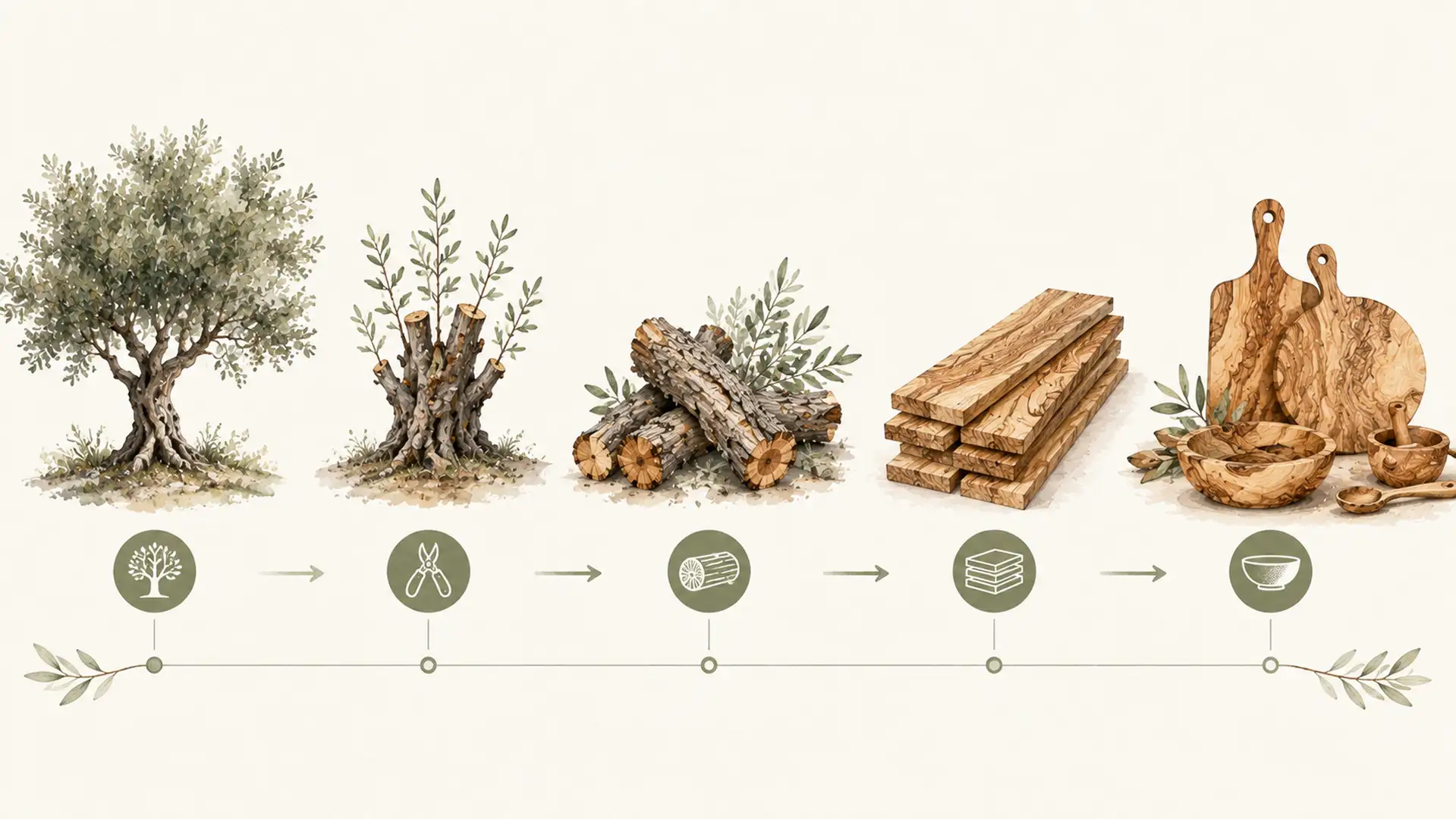 Infografía sobre el origen de la madera de olivo a partir de la renovación y sustitución de árboles.
