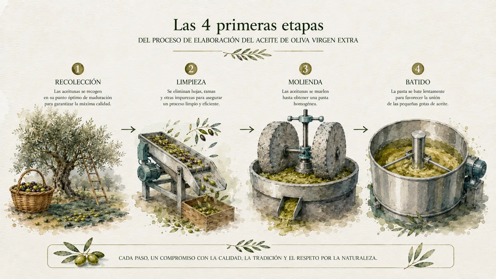 Primeras etapas del proceso de elaboración del aceite de oliva.