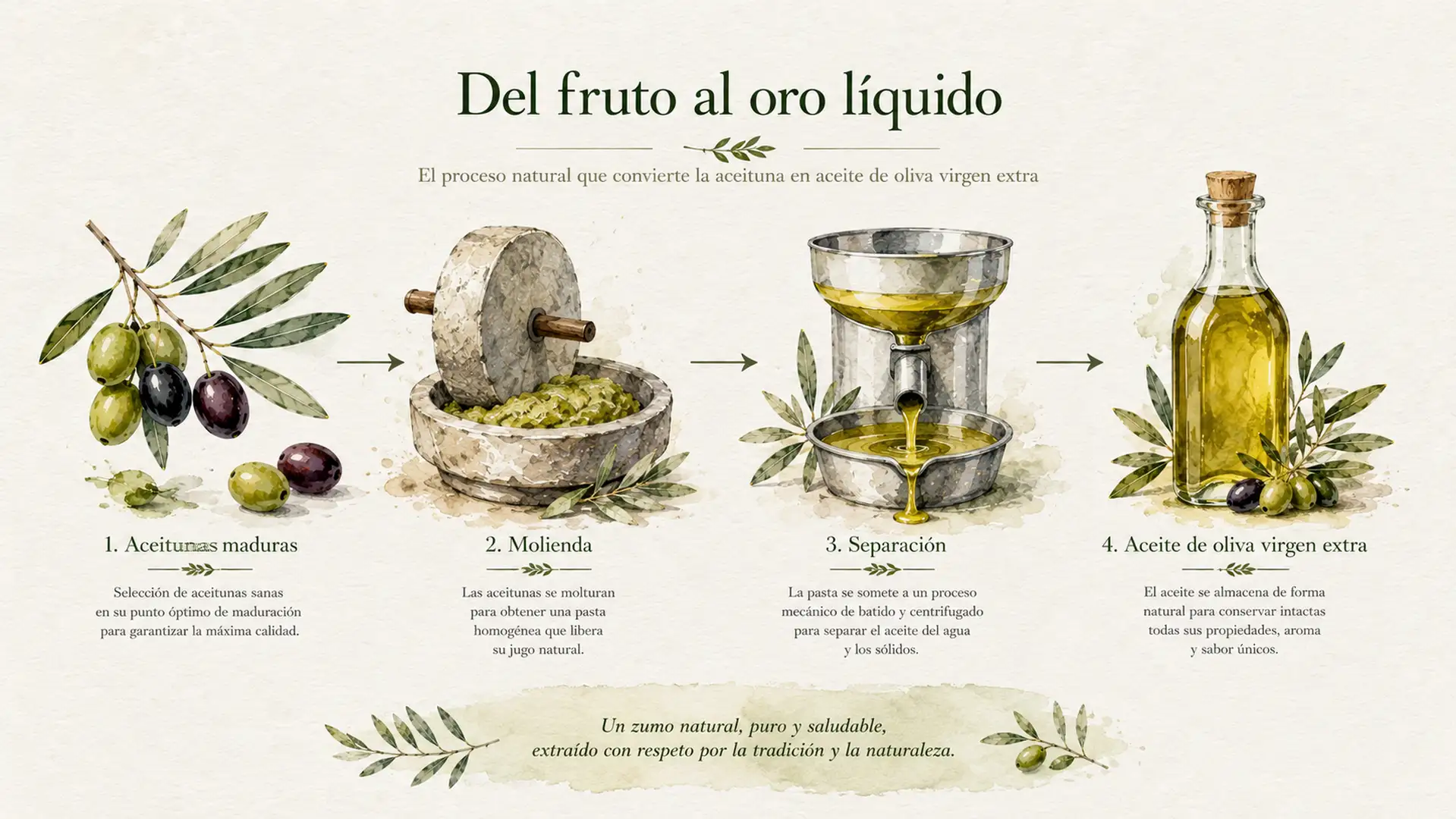 Proceso básico de obtención del aceite de oliva a partir de aceitunas.
