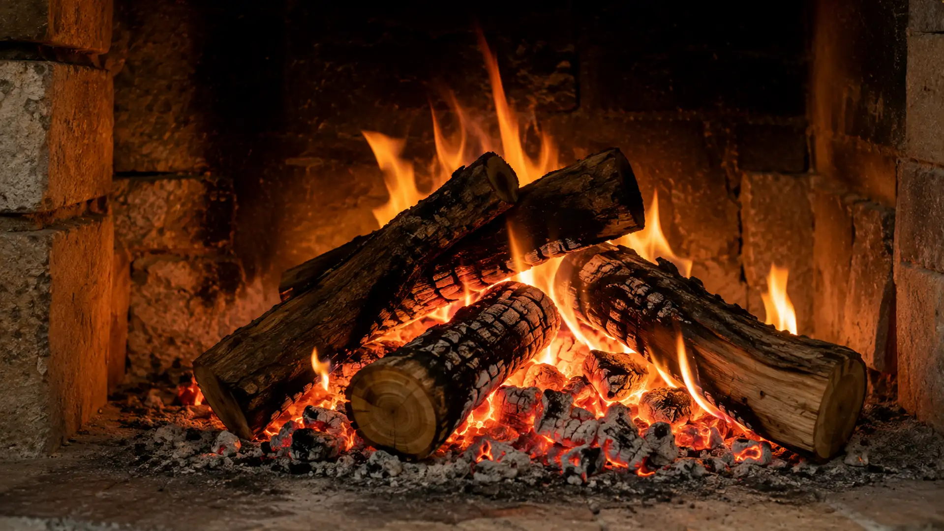 Fuego en una chimenea con leña de olivo