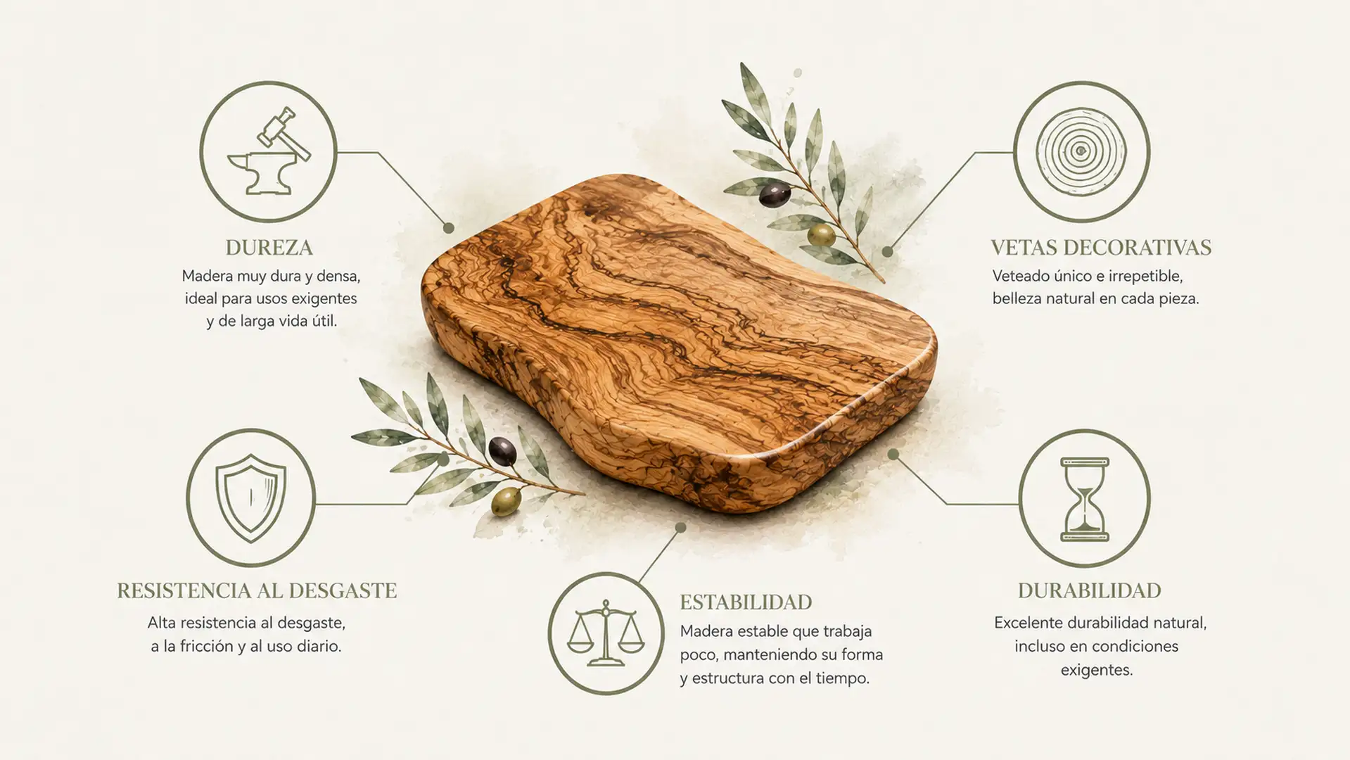 Infografía que resume las principales propiedades de la madera de olivo.