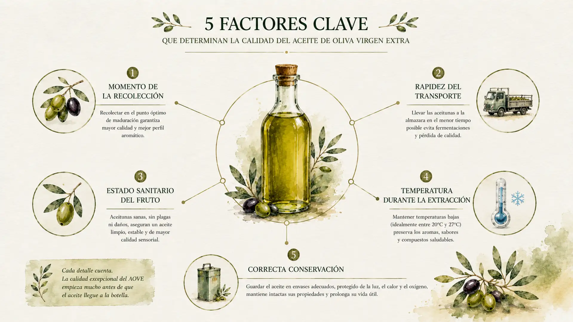 Infografía con los principales factores que determinan la calidad del aceite de oliva.