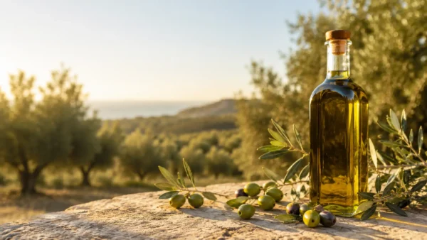 Botella de aceite de oliva virgen extra junto a aceitunas y ramas de olivo en un paisaje mediterráneo.
