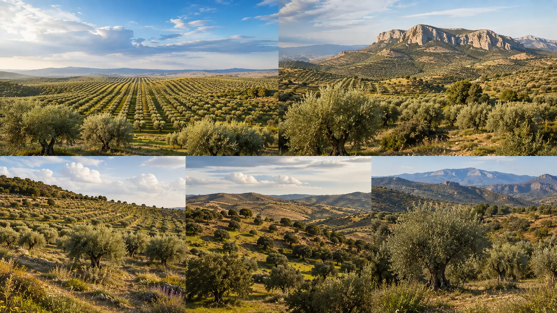 Fotografía panorámica de diferentes olivares españoles representando la diversidad de variedades de olivo cultivadas en distintas regiones.