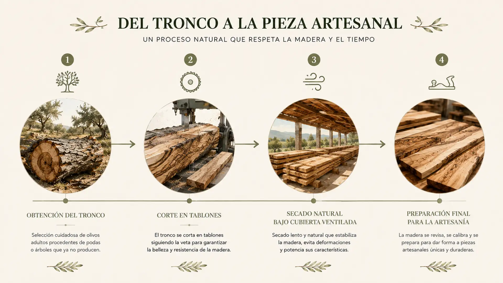Infografía sobre las etapas del secado de la madera de olivo antes de su utilización.