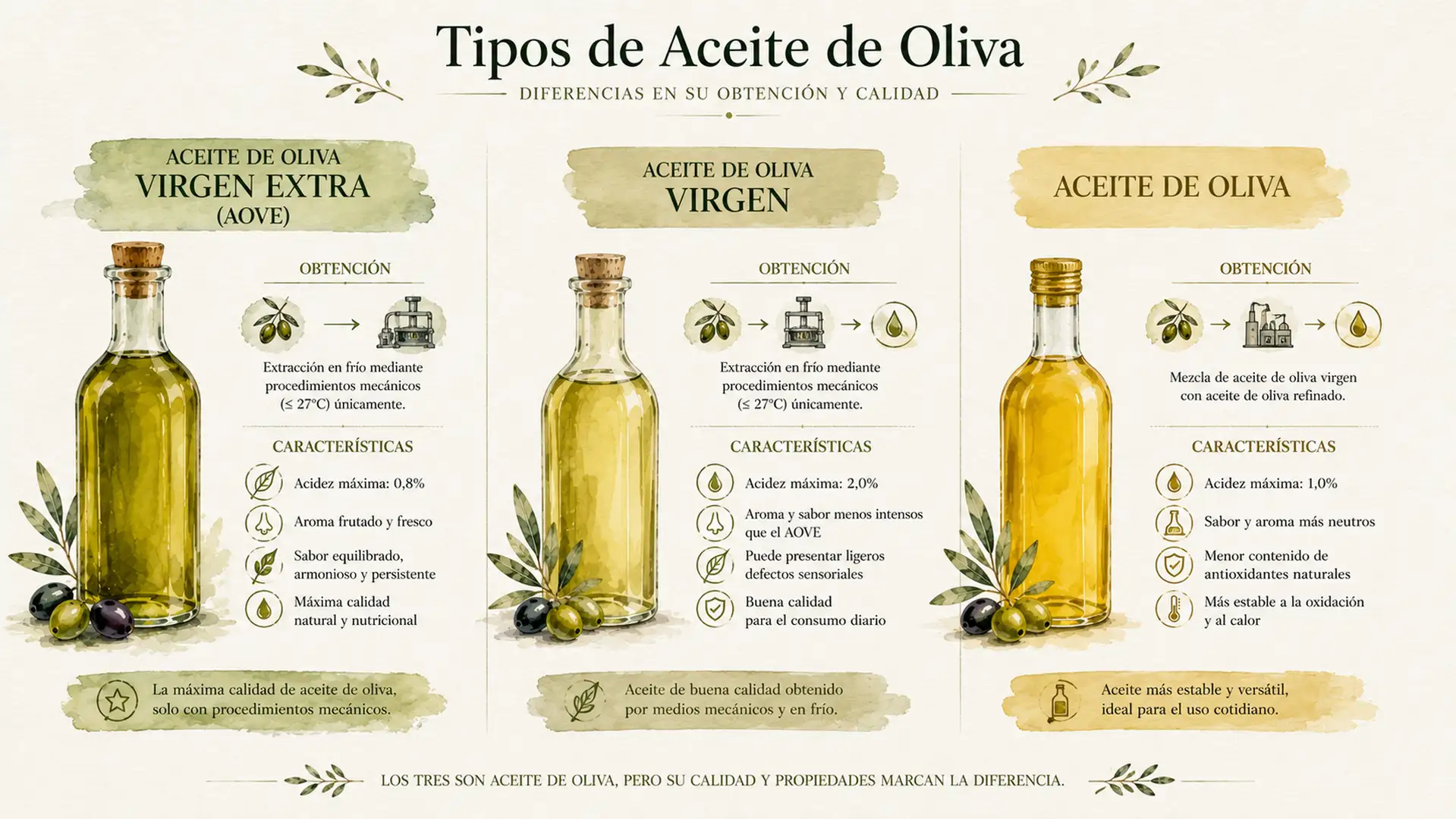 Comparativa visual entre aceite de oliva virgen extra, aceite de oliva virgen y aceite de oliva.