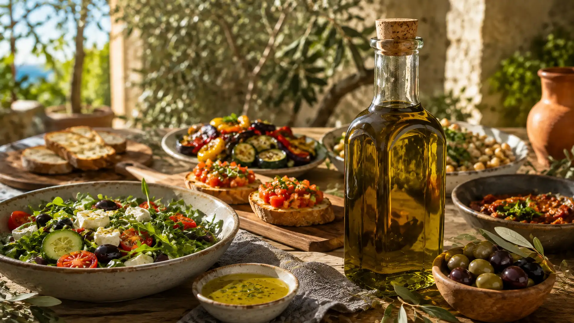 Mesa mediterránea con diferentes alimentos acompañados de aceite de oliva.