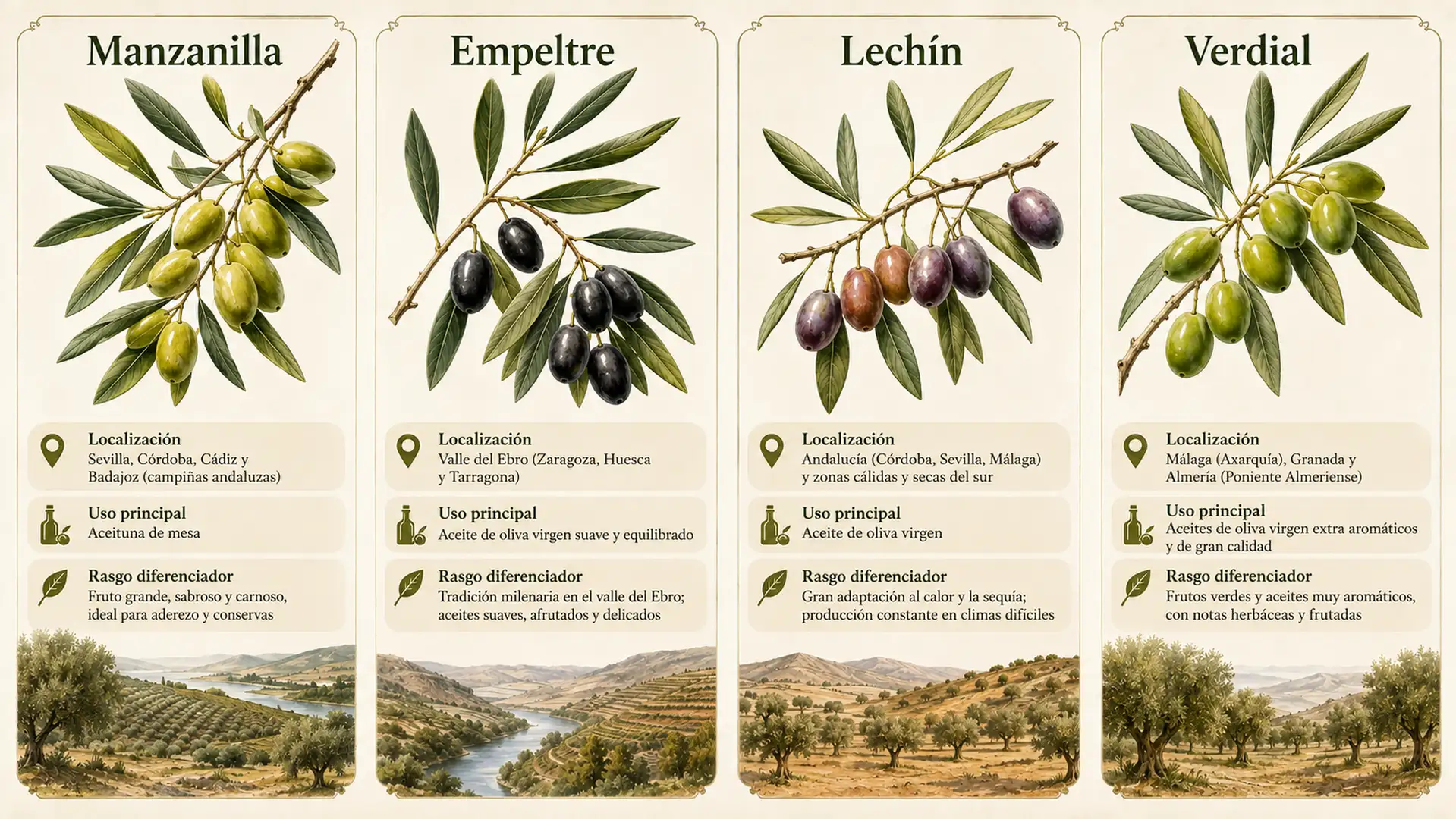 Lámina comparativa con las variedades Manzanilla, Empeltre, Lechín y Verdial mostrando aceitunas, hojas y características principales.
