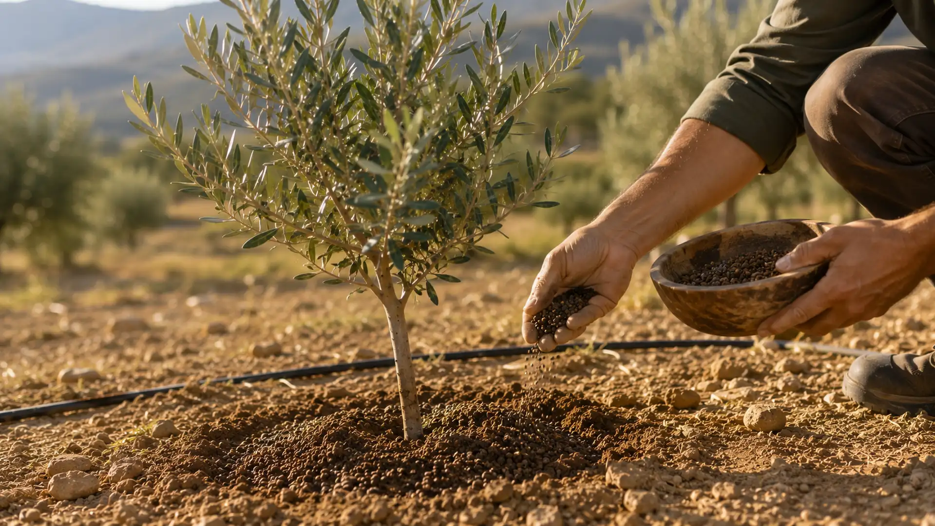 Aplicación de fertilizante alrededor de un olivo joven respetando la zona de desarrollo radicular.