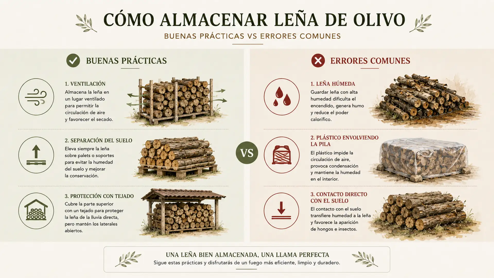 Infografía comparativa sobre buenas y malas prácticas en el almacenamiento de la leña de olivo.