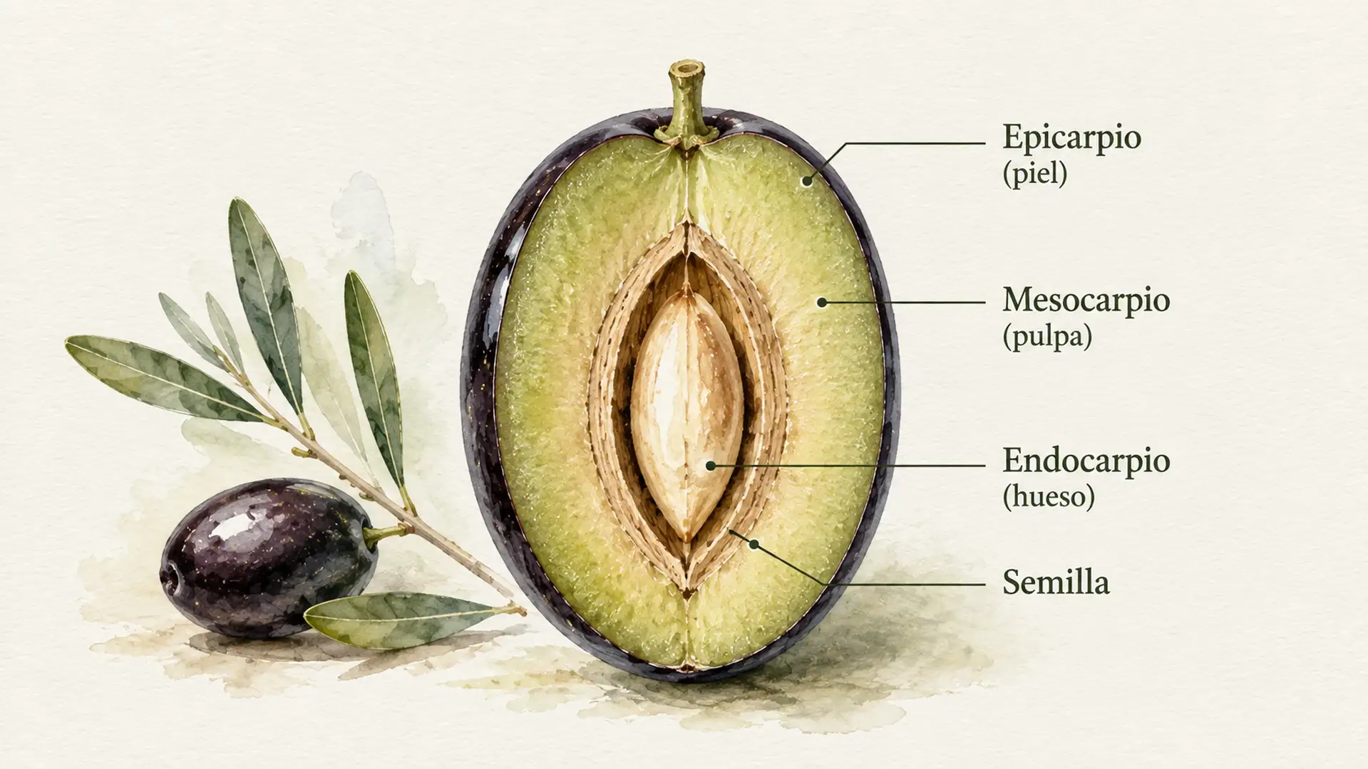Infografía con la anatomía interna de una aceituna mostrando sus principales partes.