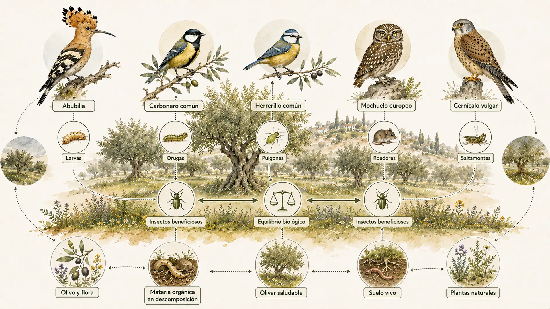 Infografía que muestra varias especies de aves habituales en un olivar mediterráneo y su función en el equilibrio biológico del ecosistema.