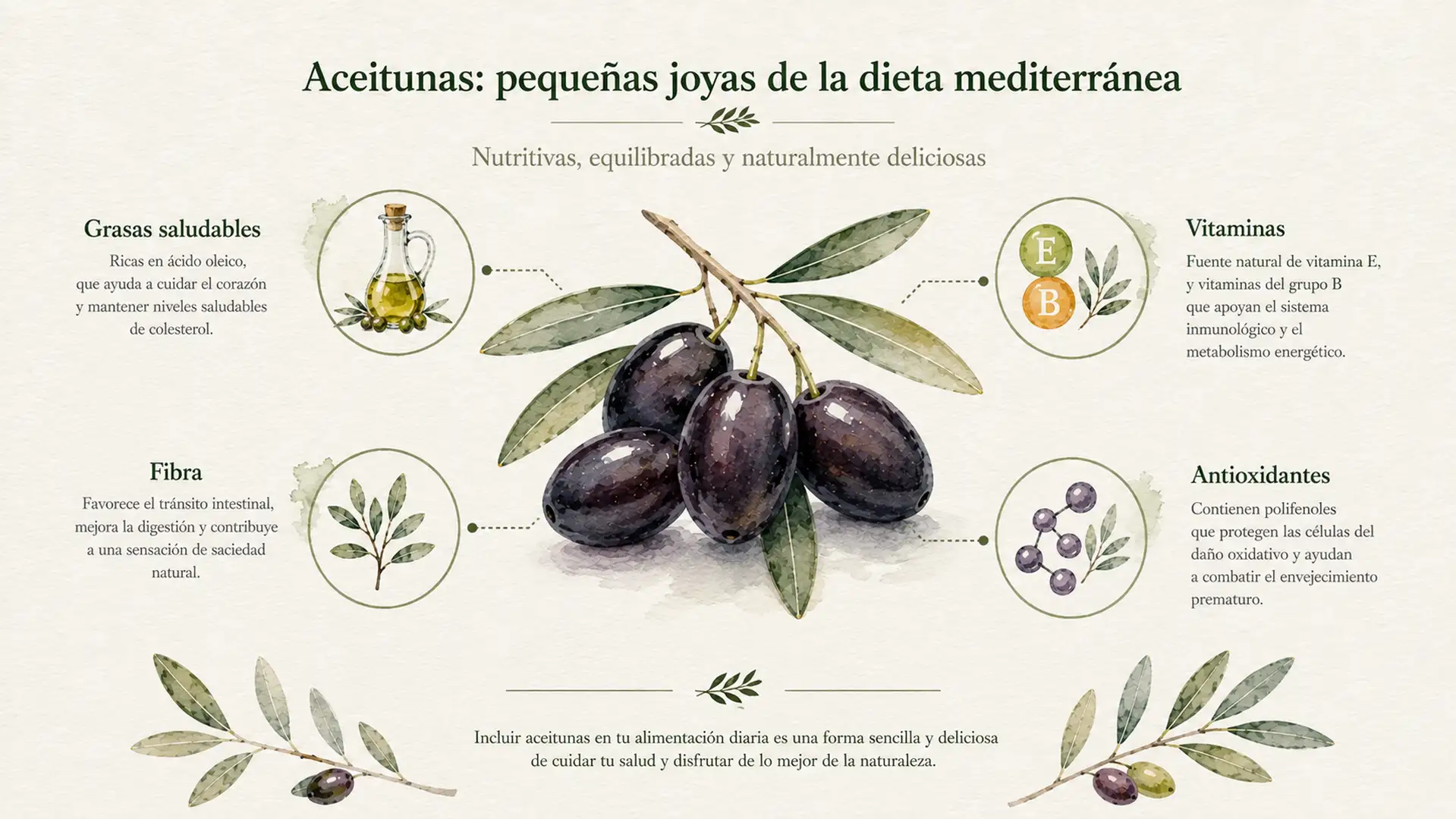 Infografía botánica sobre los principales beneficios nutricionales de las aceitunas.