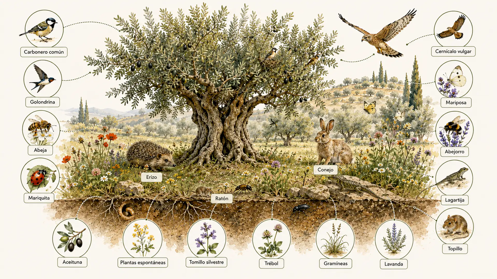 Infografía ilustrada con las principales especies de fauna y flora presentes en un olivar mediterráneo.