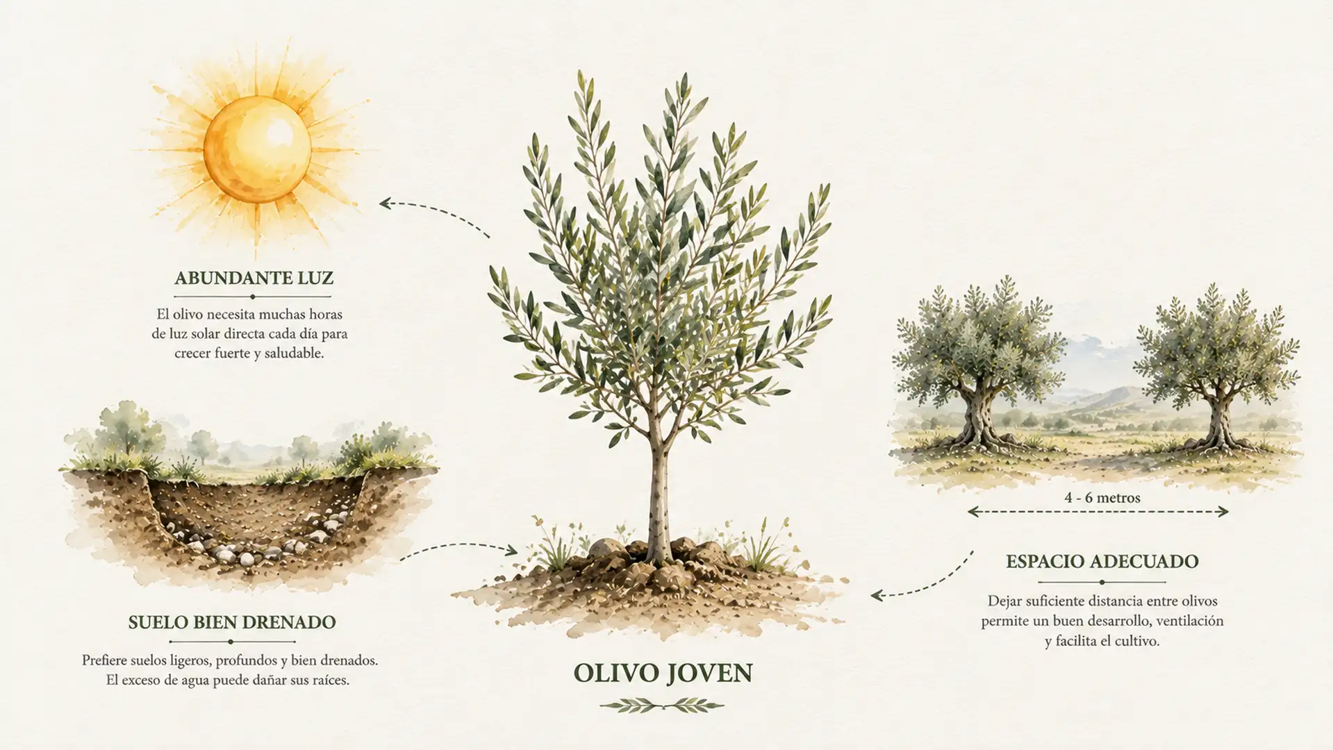 Infografía con los tres requisitos fundamentales para plantar correctamente un olivo.